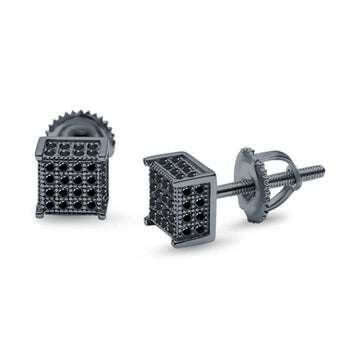 Square Stud Earrings Black Tone, Simulated Black CZ Accent Screw Back 925 Sterling Silver (6mm)